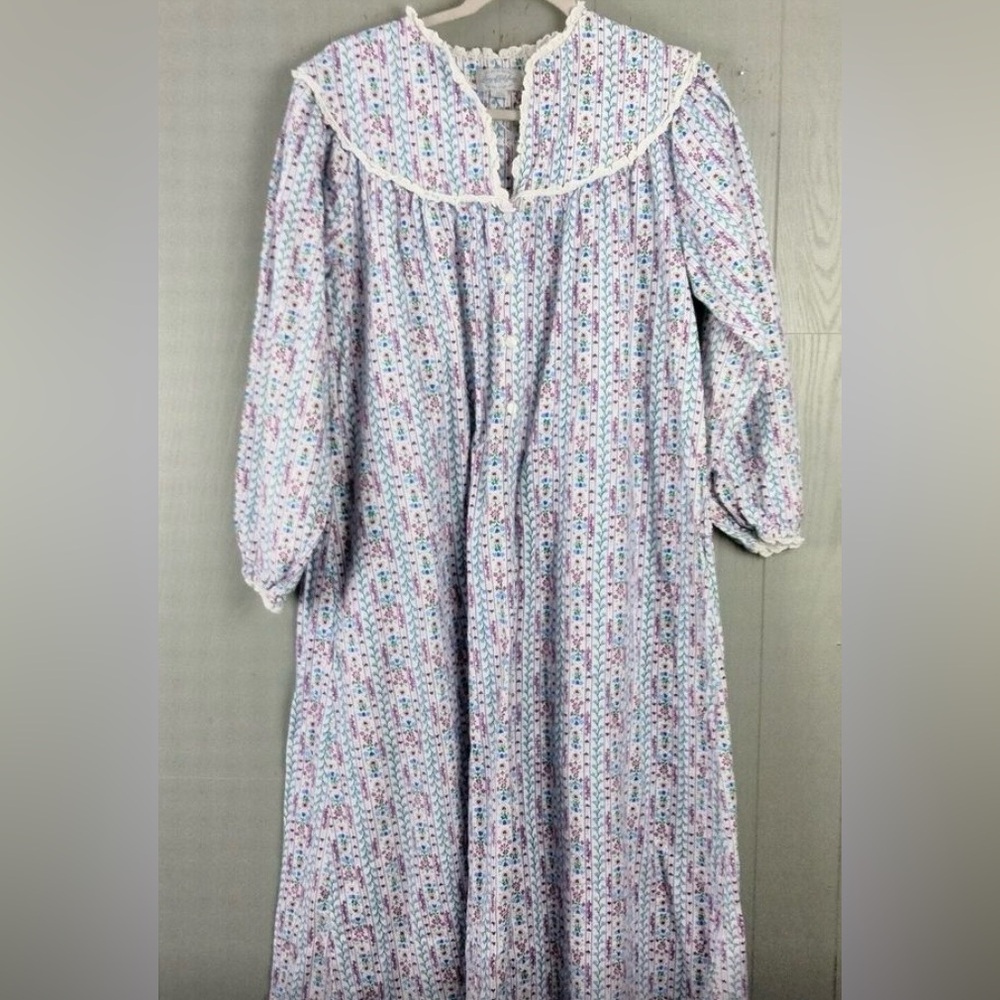 Lanz Of Salzburg Flannel Nightgown Womens S Blue Stripe Lace Trim Granny Prairie